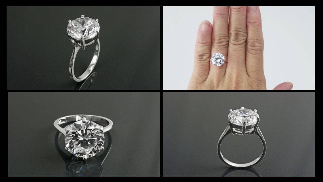Oversize Solitaire Diamond Ring by KRAMIKE • 12mm - 6ct • Sterling Silver • Round Stone • Bridal gift • Engagement Promise Jewelry • KR188