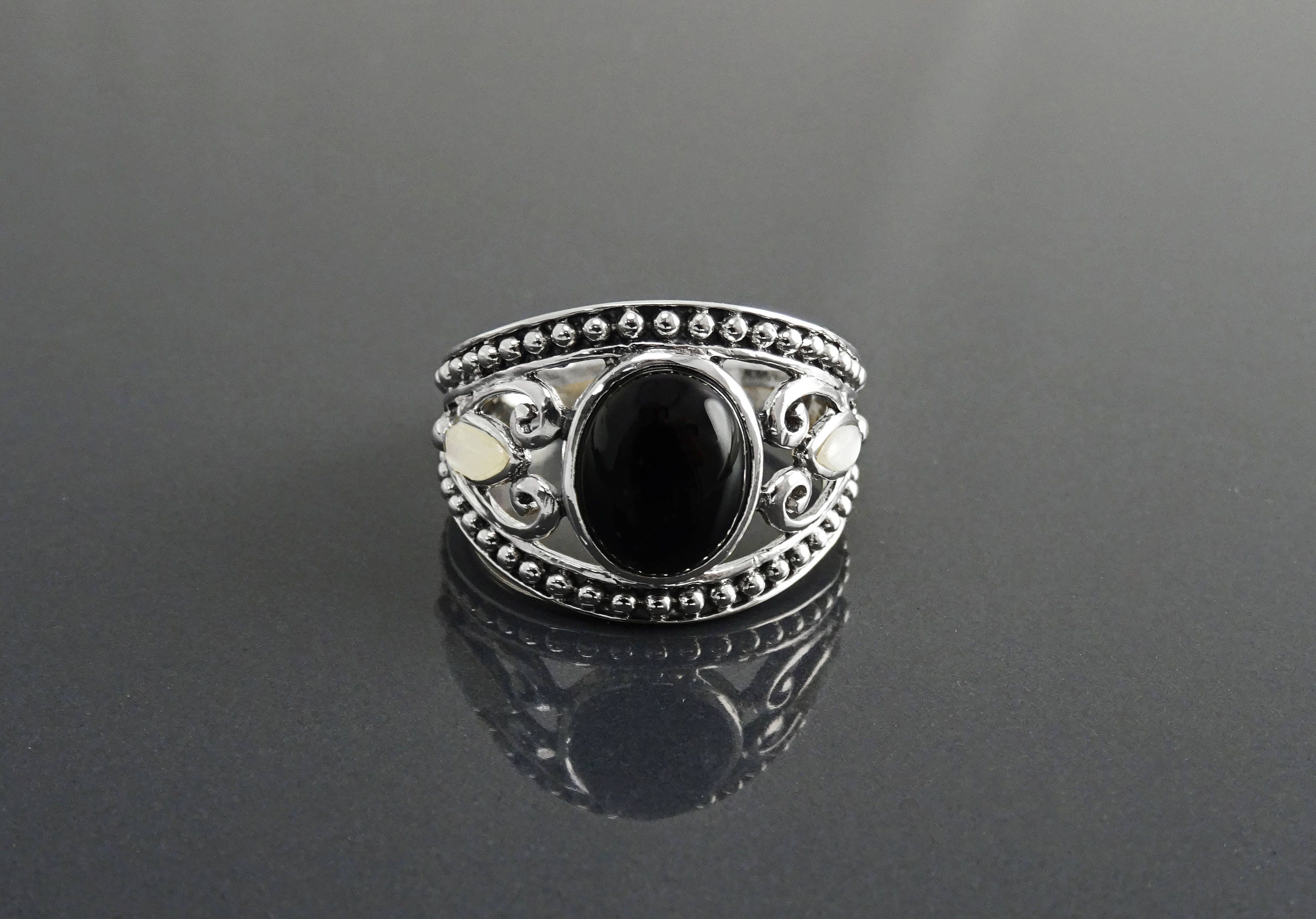 Vintage Sterling Silver Black Onyx Mother of Pearl Ring, Tribal Boho Style Jewelry