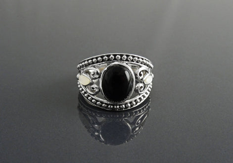 Vintage Sterling Silver Black Onyx Mother of Pearl Ring, Tribal Boho Style Jewelry