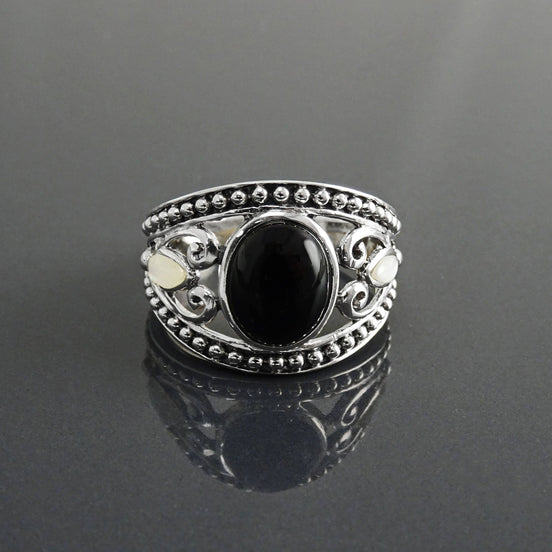 Vintage Sterling Silver Black Onyx Mother of Pearl Ring, Tribal Boho Style Jewelry