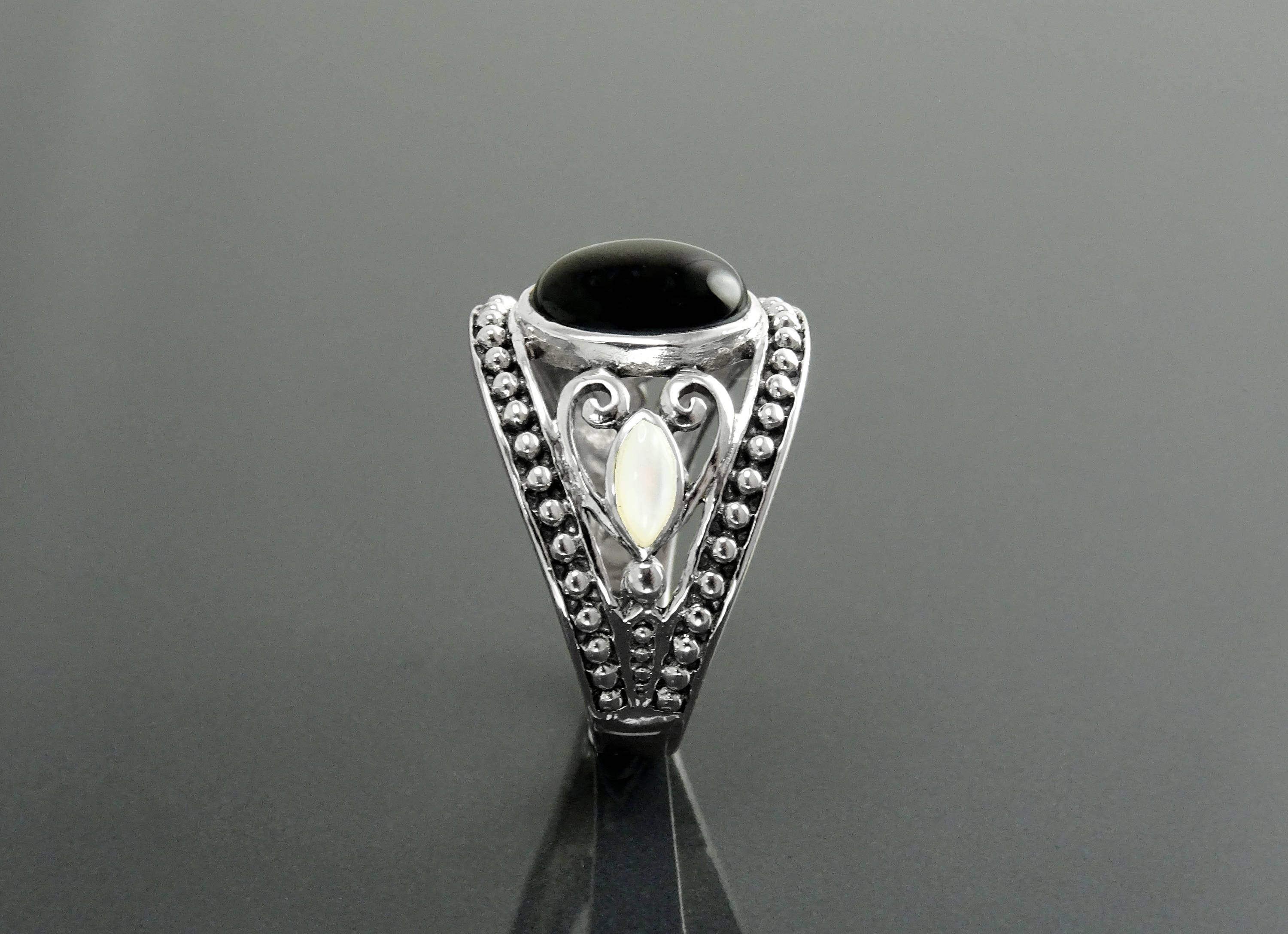 Vintage Sterling Silver Black Onyx Mother of Pearl Ring, Tribal Boho Style Jewelry