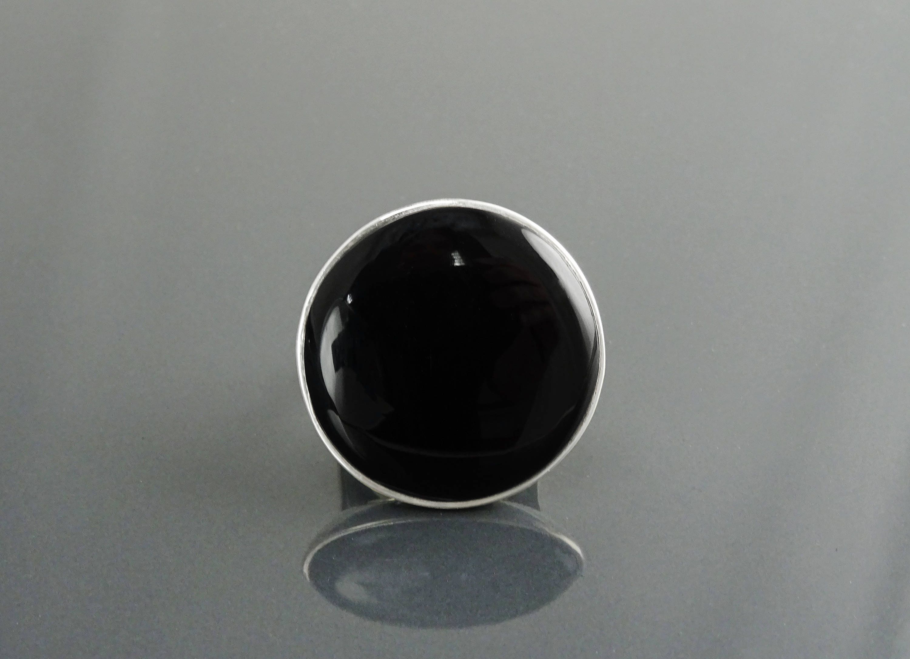 Round Black Ring, Sterling Silver, Statement Onyx Disc Gemstone, Modern Minimalist Jewelry, Rounded Flat Stone Ring, Unique Designer Ring