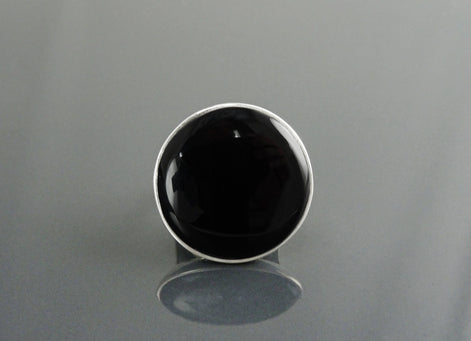 Round Black Ring, Sterling Silver, Statement Onyx Disc Gemstone, Modern Minimalist Jewelry, Rounded Flat Stone Ring, Unique Designer Ring