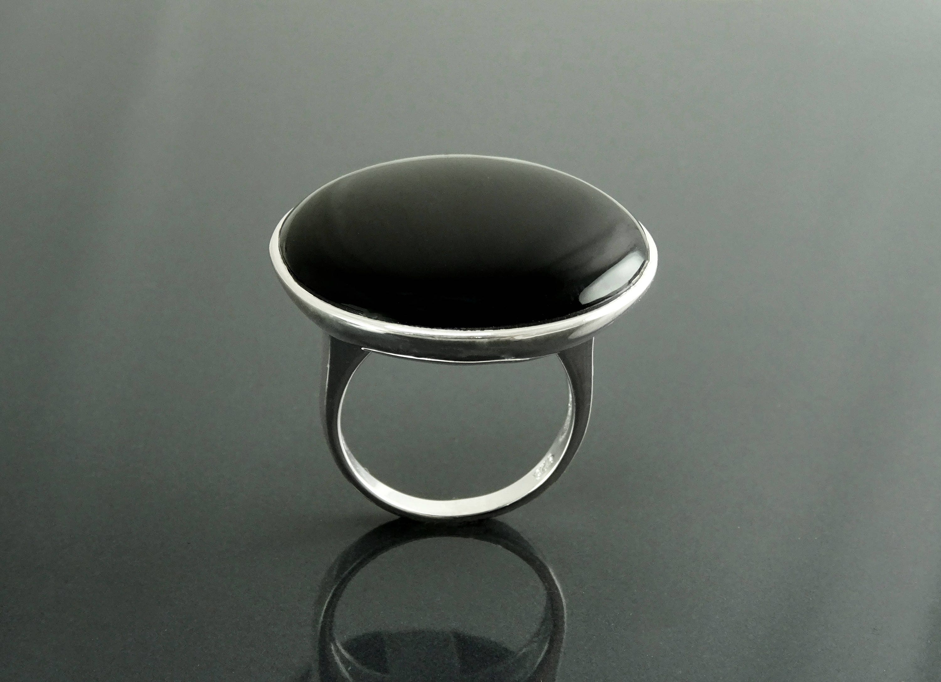 Round Black Ring, Sterling Silver, Statement Onyx Disc Gemstone, Modern Minimalist Jewelry, Rounded Flat Stone Ring, Unique Designer Ring
