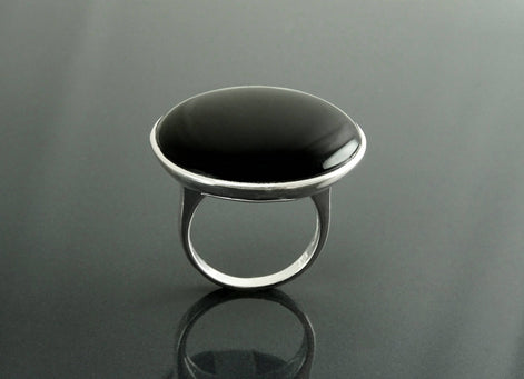 Round Black Ring, Sterling Silver, Statement Onyx Disc Gemstone, Modern Minimalist Jewelry, Rounded Flat Stone Ring, Unique Designer Ring