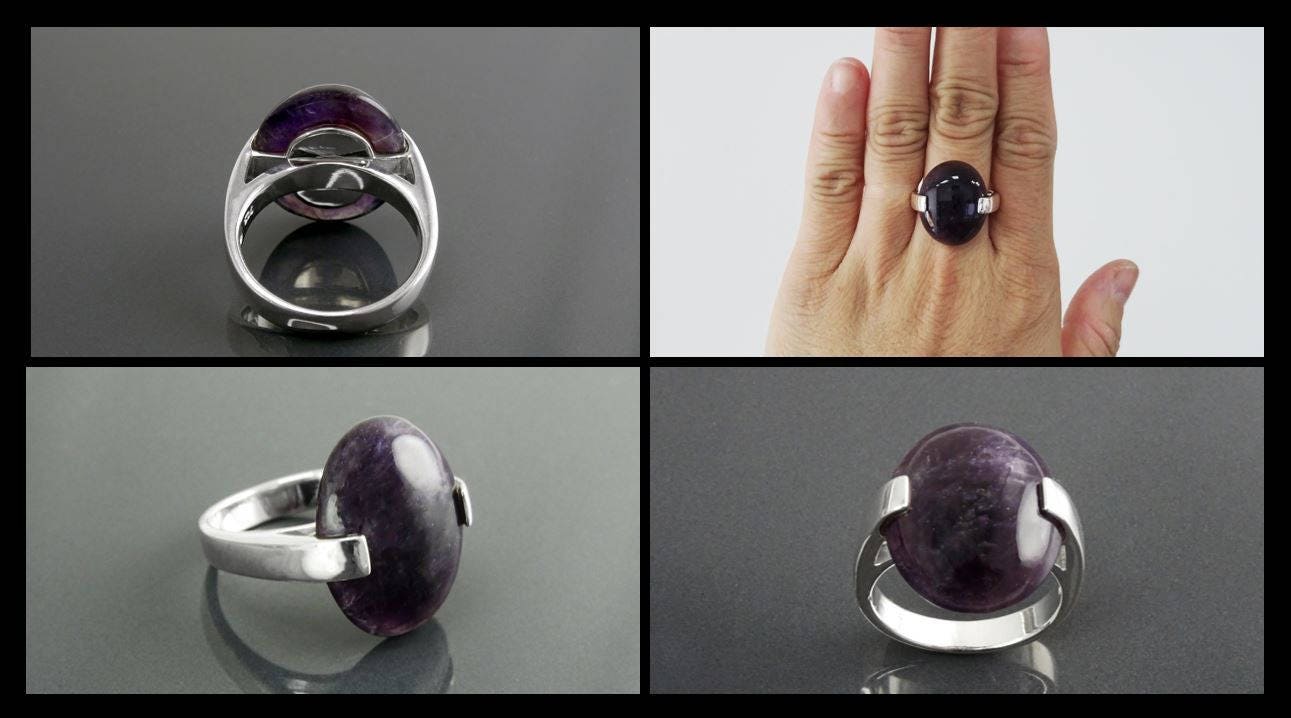 Genuine Amethyst Ring - Sterling Silver - Geometric Ring - Oval Shape - Designer Ring - Modern Ring - Minimalist Ring - Everyday - Purple