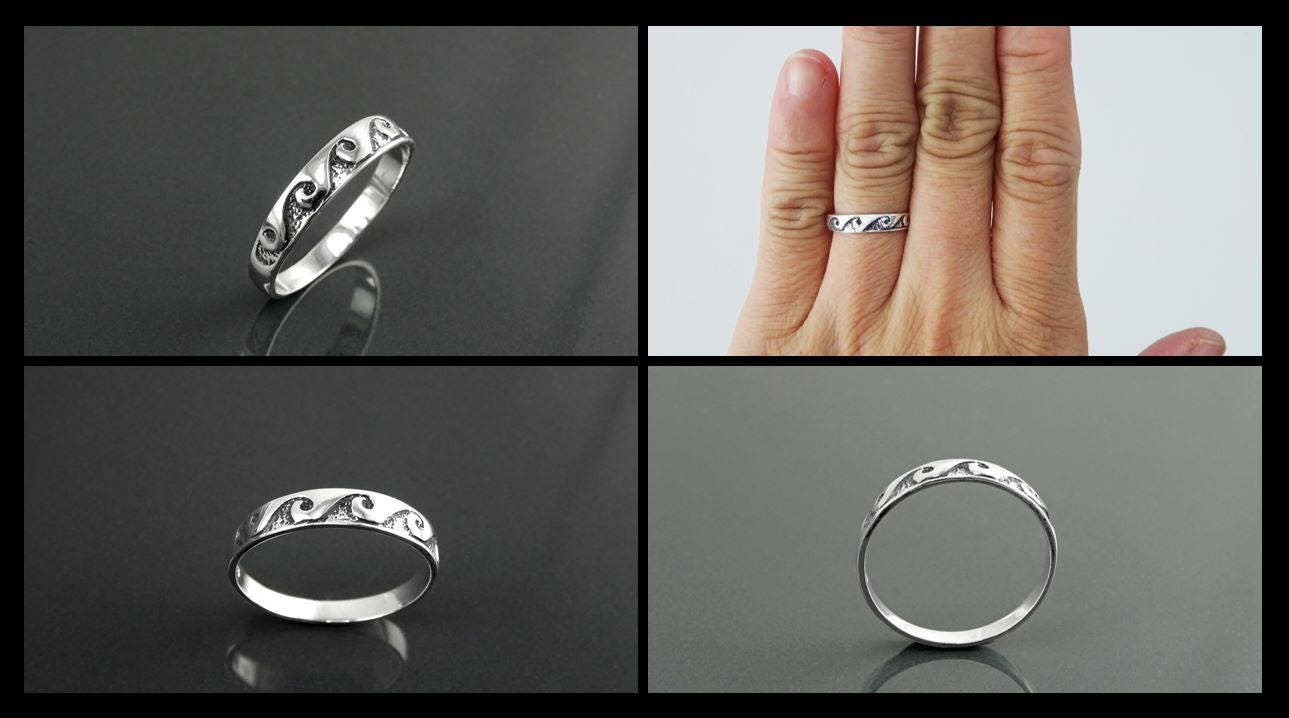 Ocean Wave Ring, Sterling Silver, Casual Beach Band, Carved Waves Pattern, Dainty Surfer Ring, Unique Ocean Jewelry, Hawaii Tribal Jewelry