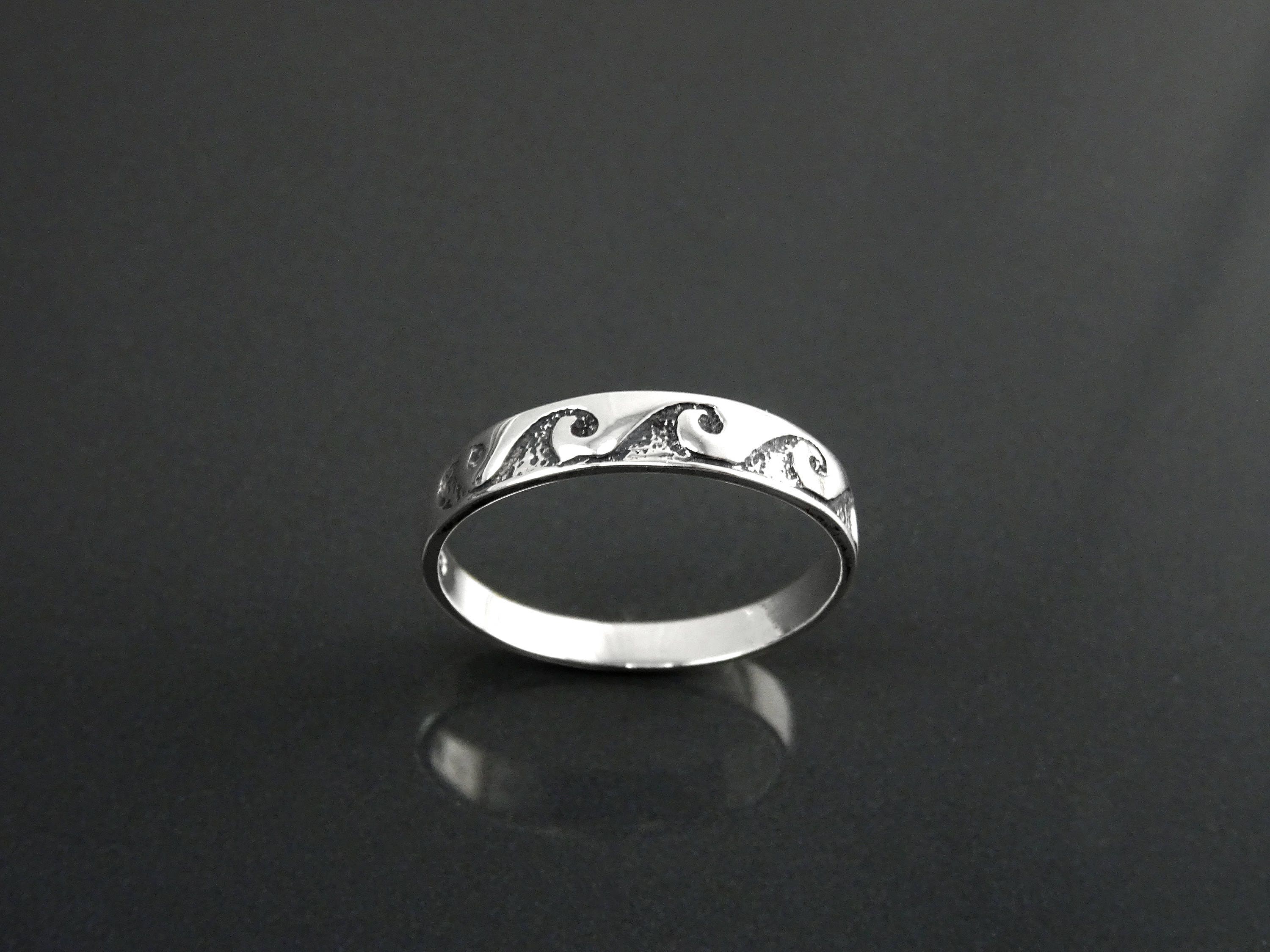 Ocean Wave Ring, Sterling Silver, Casual Beach Band, Carved Waves Pattern, Dainty Surfer Ring, Unique Ocean Jewelry, Hawaii Tribal Jewelry