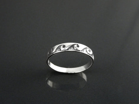 Ocean Wave Ring, Sterling Silver, Casual Beach Band, Carved Waves Pattern, Dainty Surfer Ring, Unique Ocean Jewelry, Hawaii Tribal Jewelry