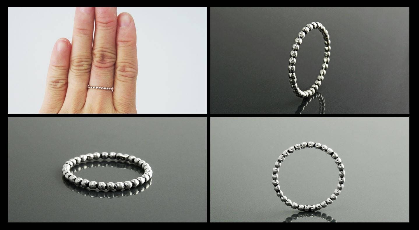 Sterling Silver Beaded Band Ring, Dainty Minimalist Stackable, Shiny Polished Finish