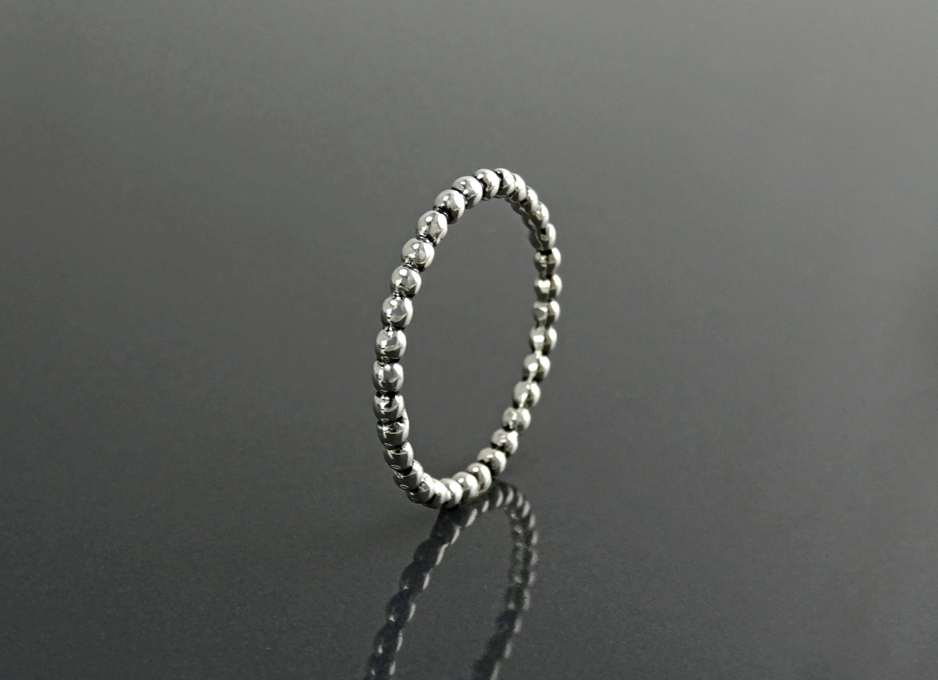 Sterling Silver Beaded Band Ring, Dainty Minimalist Stackable, Shiny Polished Finish