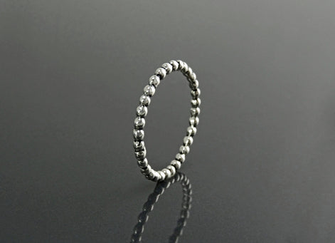 Sterling Silver Beaded Band Ring, Dainty Minimalist Stackable, Shiny Polished Finish