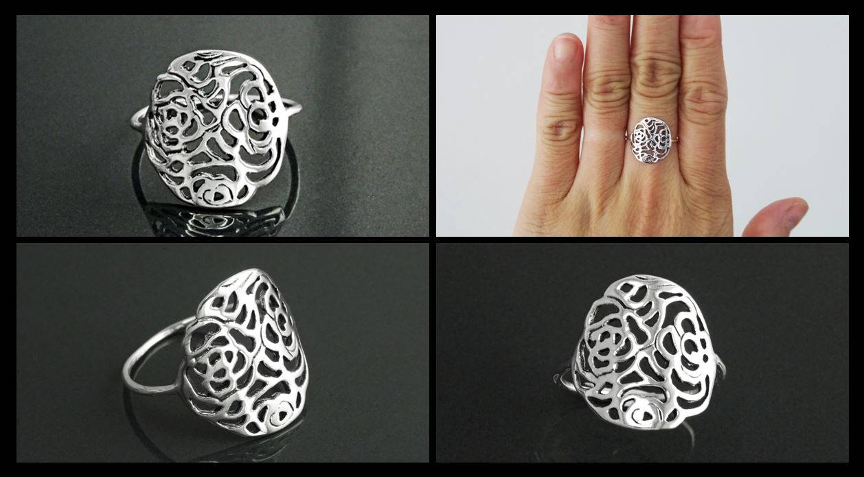 Sterling Silver Rose Filigree Ring, Romantic Flower Blossom Jewelry