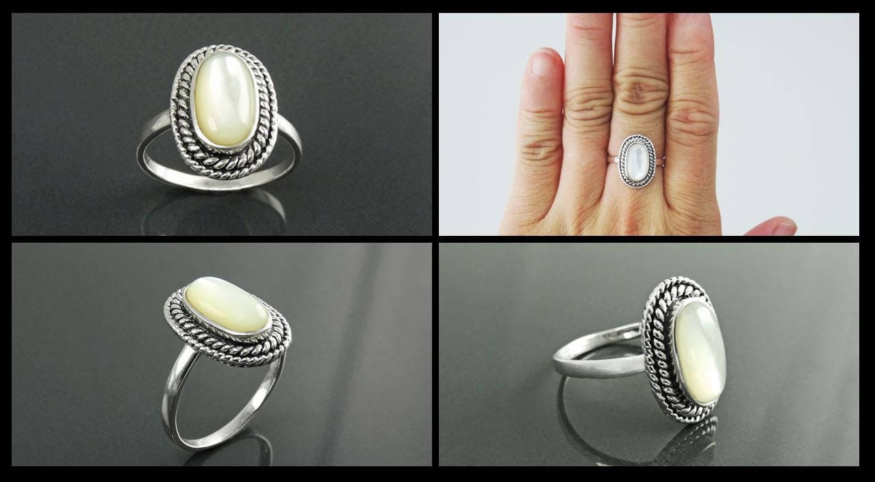 Sterling Silver Mother of Pearl Ring, Oval Boho Rope Border Jewelry