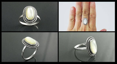 Sterling Silver Mother of Pearl Ring, Oval Boho Rope Border Jewelry