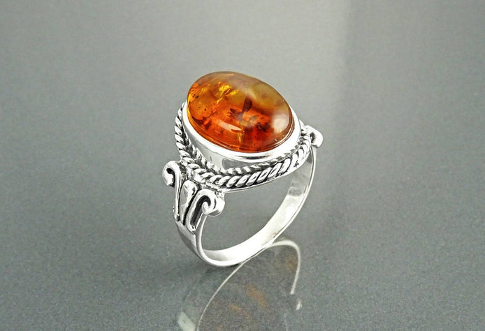 Oval Amber Gemstone Ring, Sterling Silver Rope Shank, Boho Unisex Jewelry By KRAMIKE