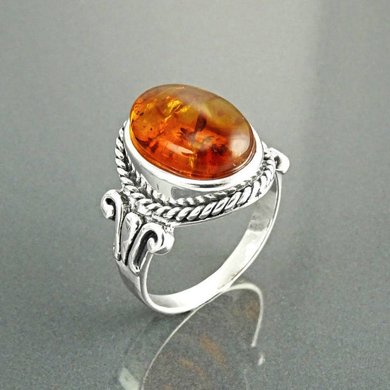 Oval Amber Gemstone Ring, Sterling Silver Rope Shank, Boho Unisex Jewelry By KRAMIKE
