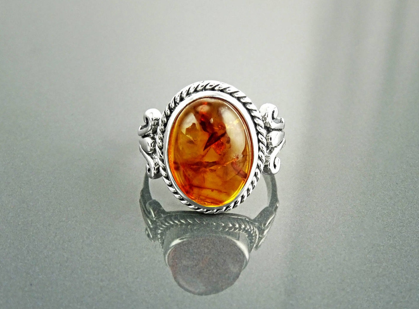 Oval Amber Gemstone Ring, Sterling Silver Rope Shank, Boho Unisex Jewelry By KRAMIKE