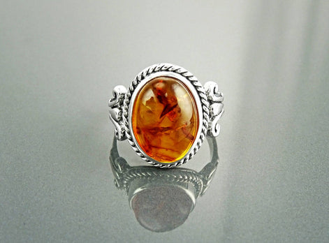 Oval Amber Gemstone Ring, Sterling Silver Rope Shank, Boho Unisex Jewelry By KRAMIKE