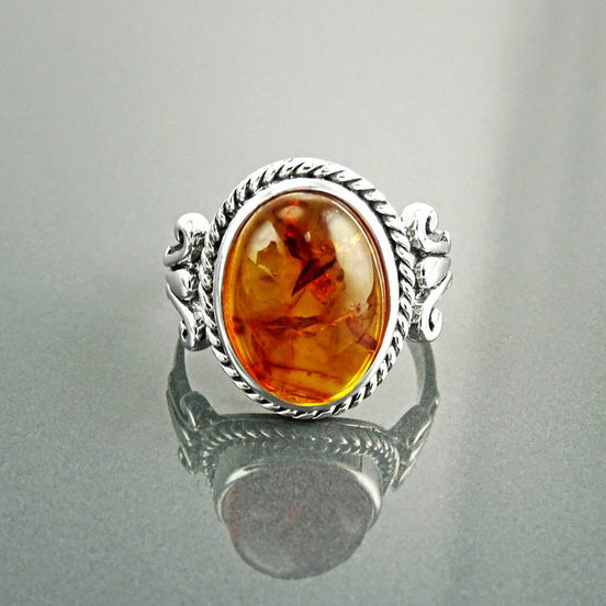 Oval Amber Gemstone Ring, Sterling Silver Rope Shank, Boho Unisex Jewelry By KRAMIKE
