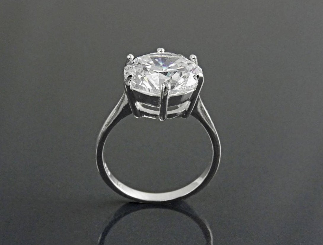 Oversize Solitaire Diamond Ring by KRAMIKE • 12mm - 6ct • Sterling Silver • Round Stone • Bridal gift • Engagement Promise Jewelry • KR188