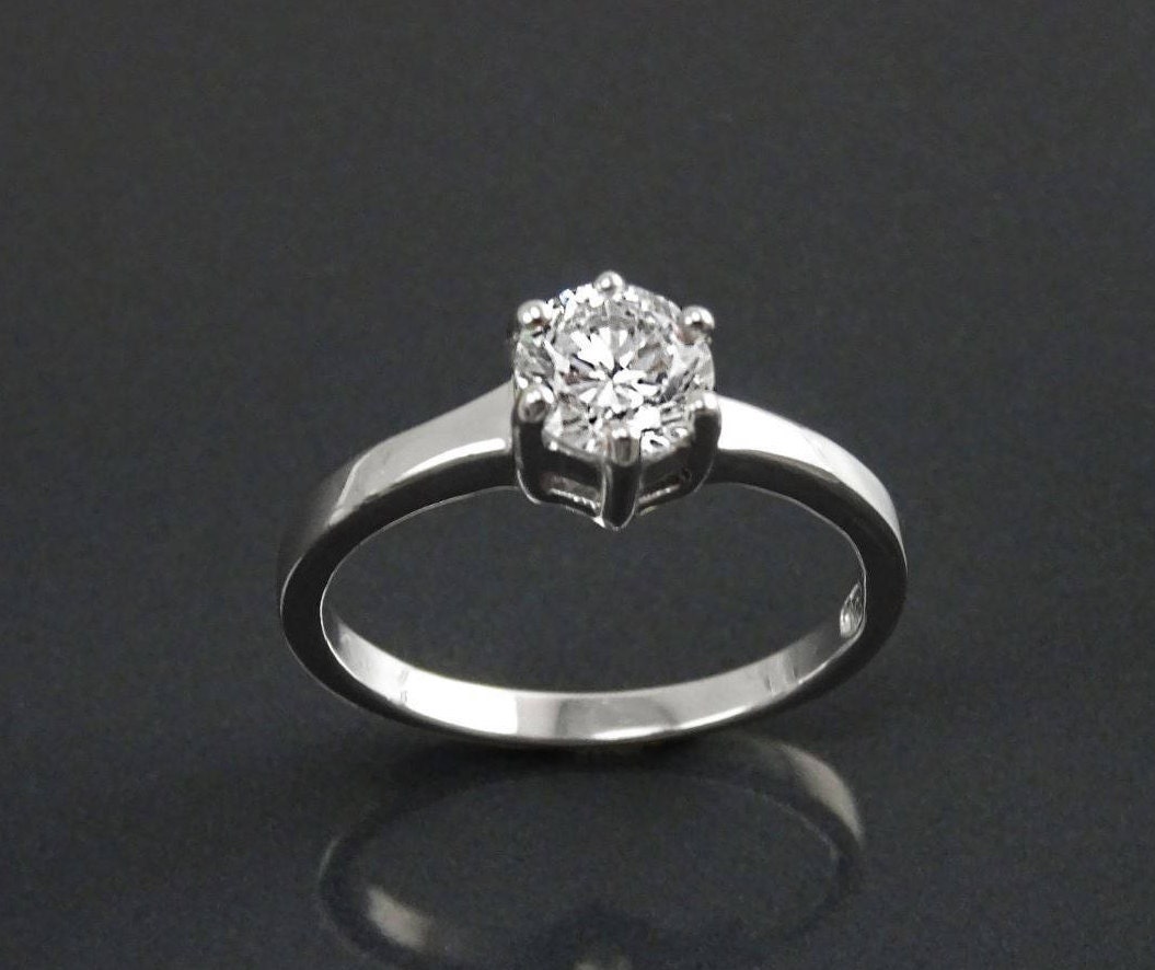 Solitaire Ring, Sterling Silver, 1ct Round CZ, Handmade