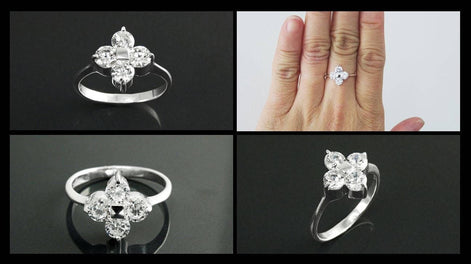 Sterling Silver Quatrefoil Flower Ring, Diamond CZ Gemstone