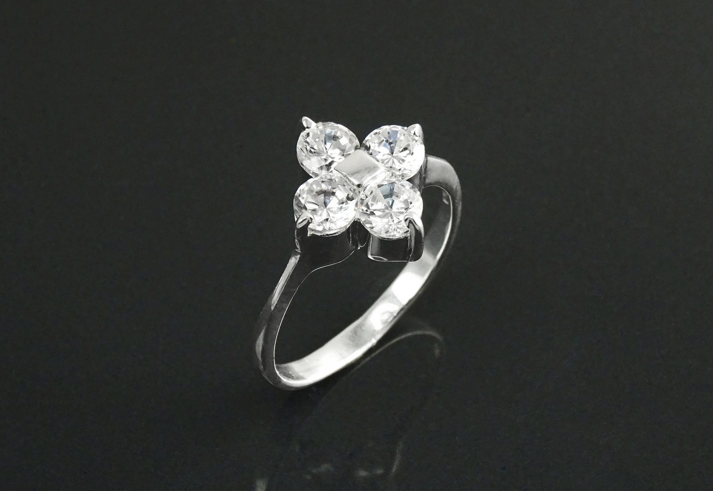 Sterling Silver Quatrefoil Flower Ring, Diamond CZ Gemstone