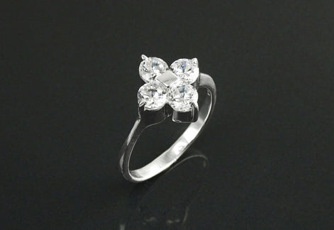 Sterling Silver Quatrefoil Flower Ring, Diamond CZ Gemstone