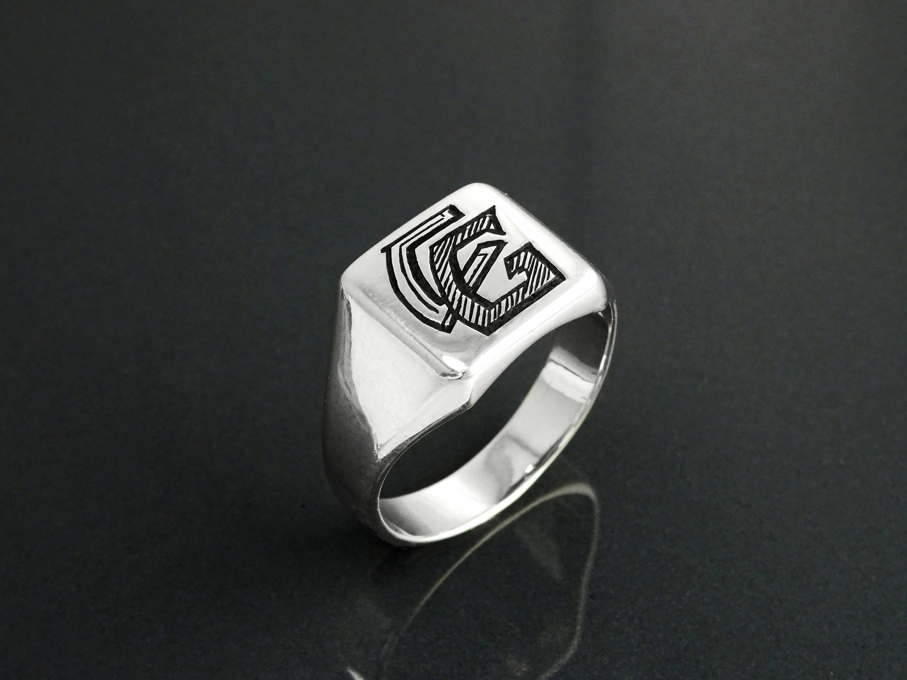 Hand Engraved Sterling Silver Signet Ring, Personalized Initials Jewelry