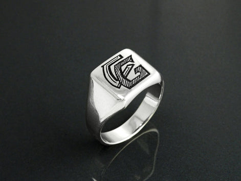 Hand Engraved Sterling Silver Signet Ring, Personalized Initials Jewelry
