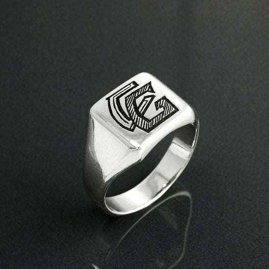 Hand Engraved Sterling Silver Signet Ring, Personalized Initials Jewelry