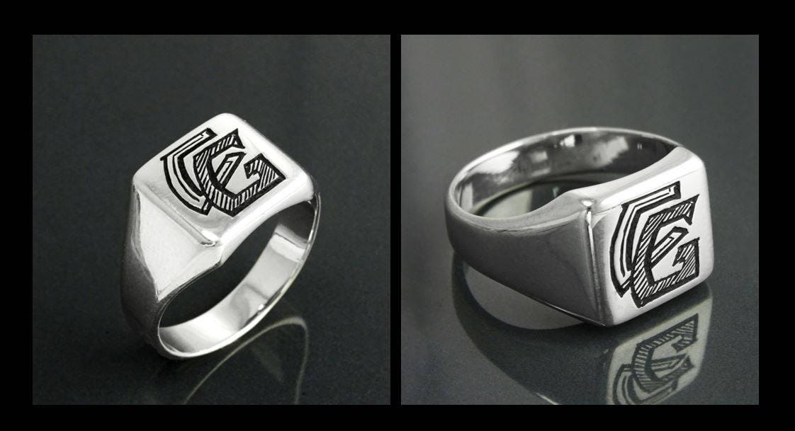 Hand Engraved Sterling Silver Signet Ring, Personalized Initials Jewelry