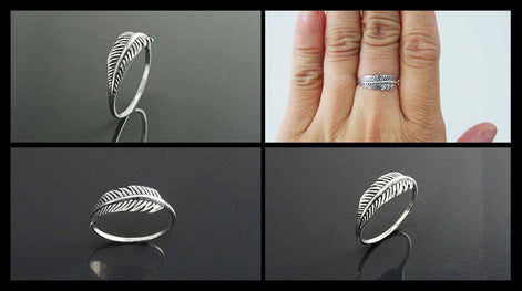 Sterling Silver Feather Ring, Native Inspired Stacking Band, Nature Jewelry