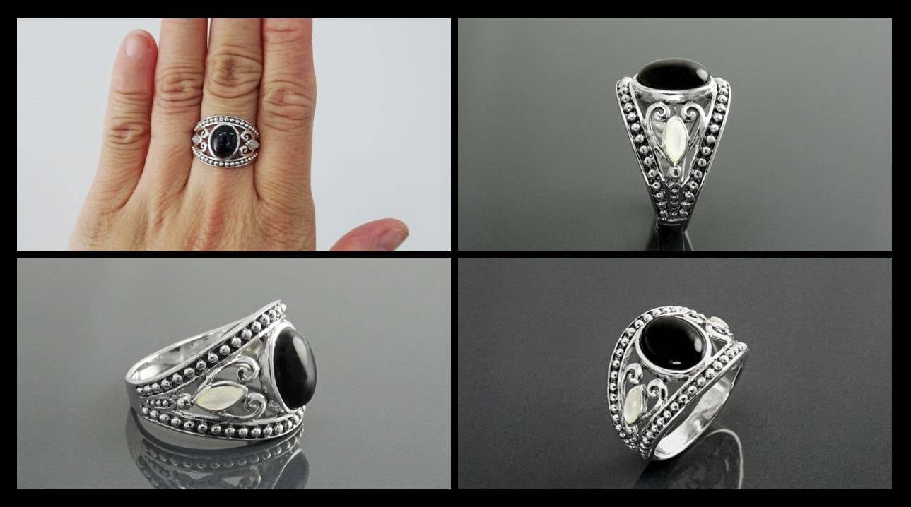 Vintage Sterling Silver Black Onyx Mother of Pearl Ring, Tribal Boho Style Jewelry