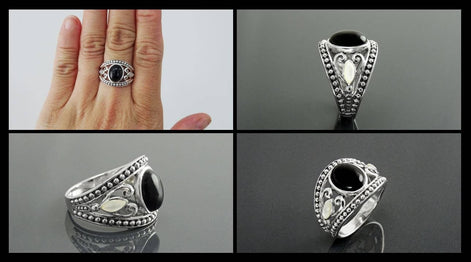 Vintage Sterling Silver Black Onyx Mother of Pearl Ring, Tribal Boho Style Jewelry