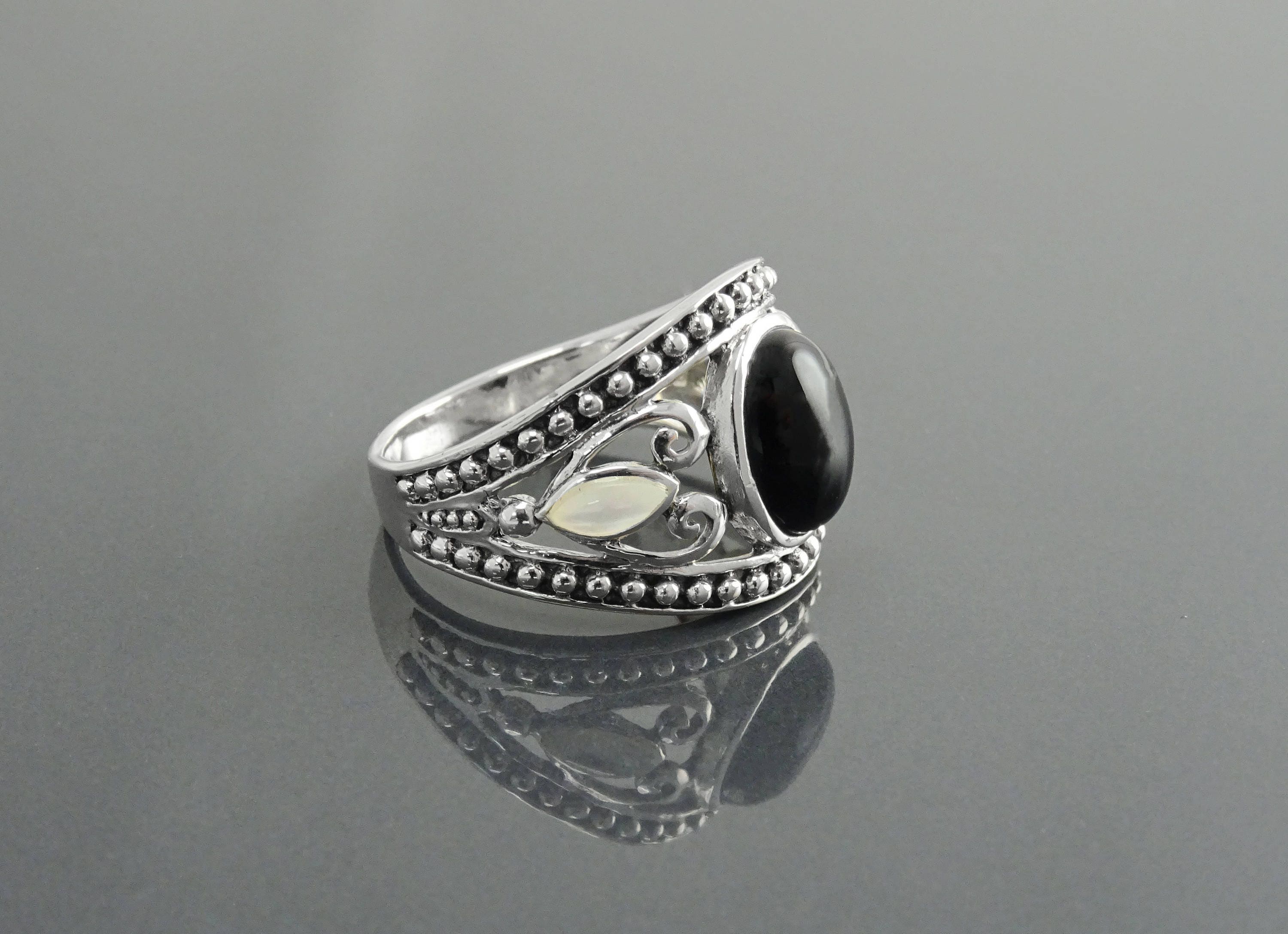 Vintage Sterling Silver Black Onyx Mother of Pearl Ring, Tribal Boho Style Jewelry