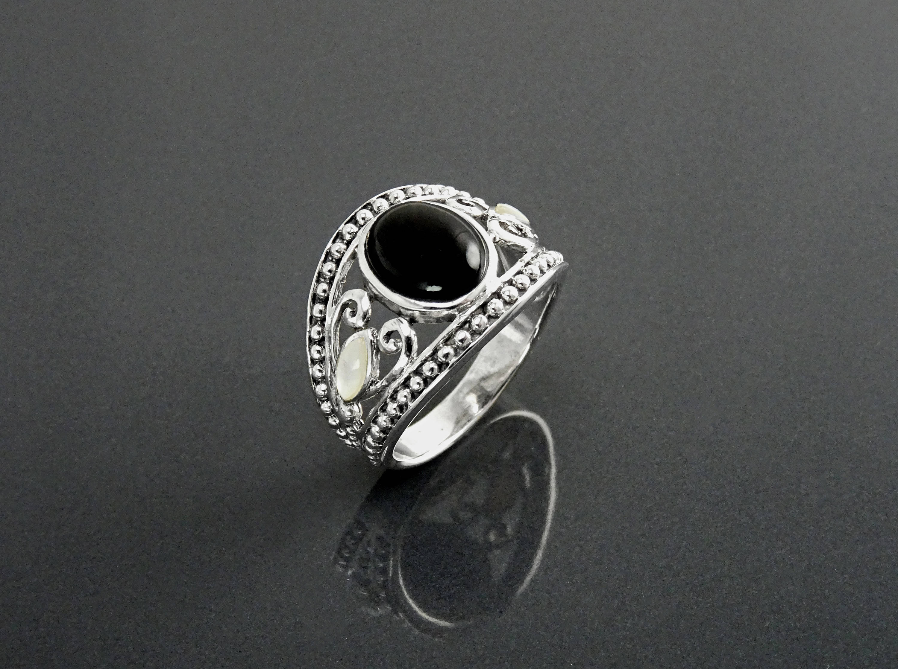 Vintage Sterling Silver Black Onyx Mother of Pearl Ring, Tribal Boho Style Jewelry