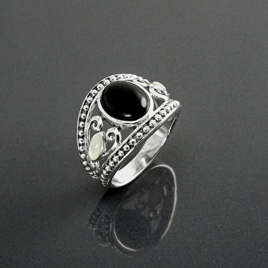 Vintage Sterling Silver Black Onyx Mother of Pearl Ring, Tribal Boho Style Jewelry