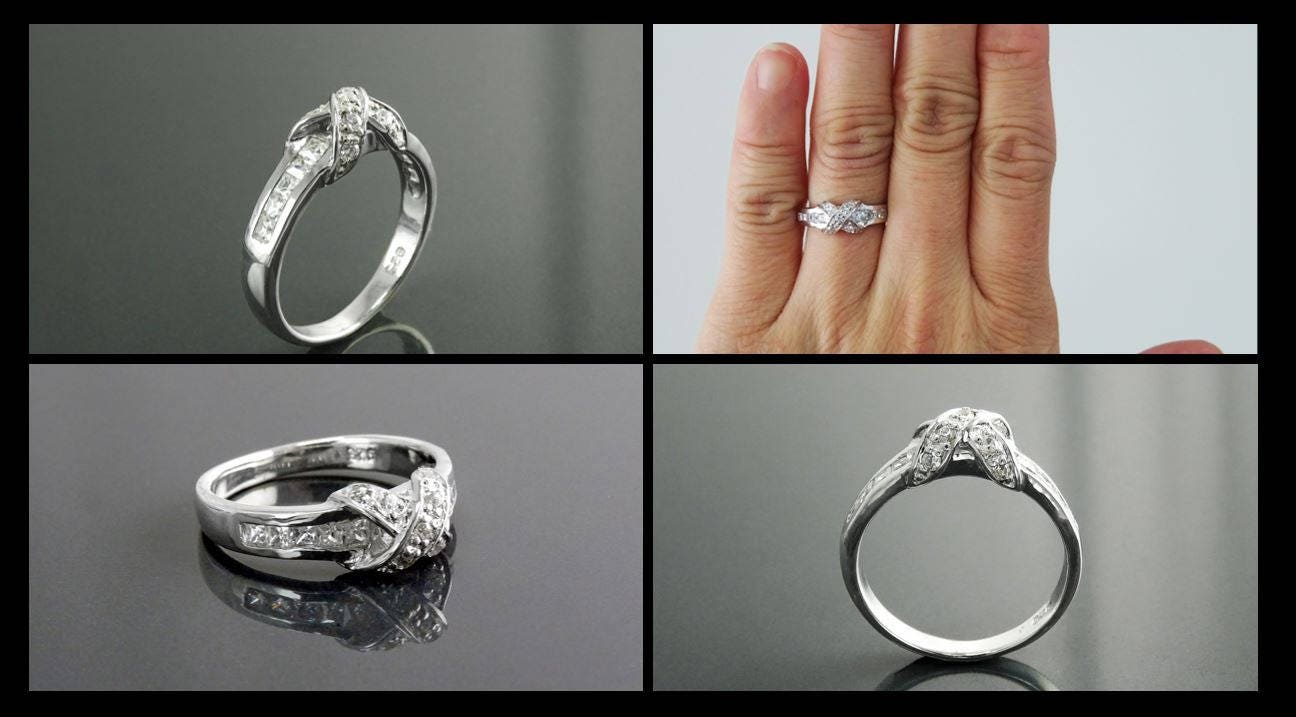 925 Sterling Silver CZ Crossing Ring, Infinity Node Band, Vintage Style Classic Ring