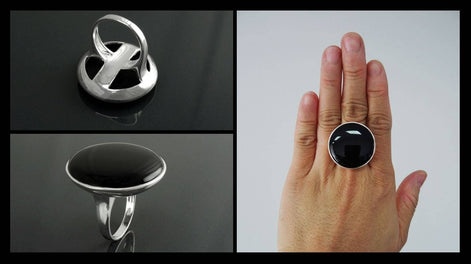 Round Black Ring, Sterling Silver, Statement Onyx Disc Gemstone, Modern Minimalist Jewelry, Rounded Flat Stone Ring, Unique Designer Ring