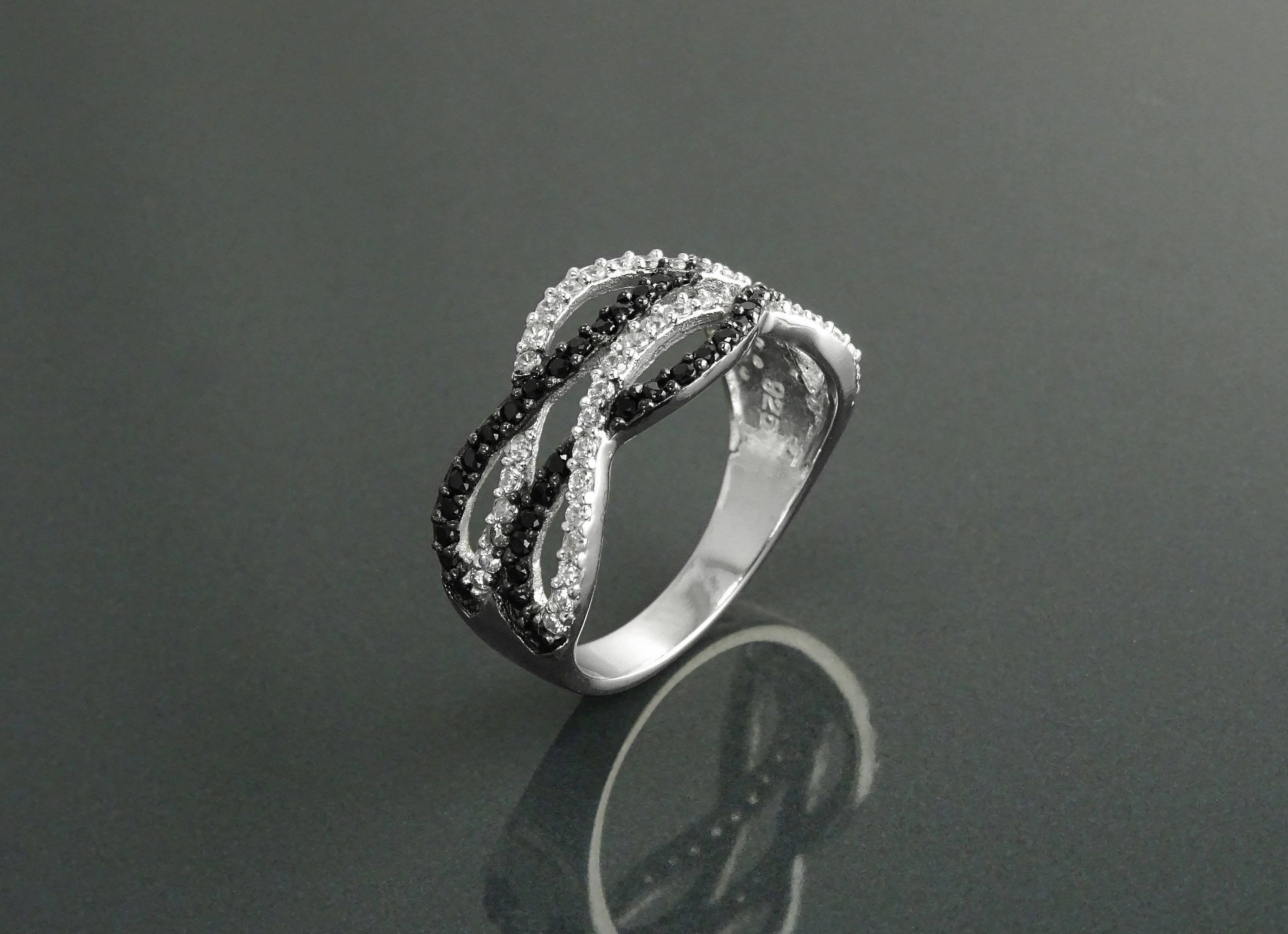 Sterling Silver Intertwined Waves Ring, Black White CZ Stones, Cocktail Ring