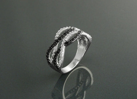 Sterling Silver Intertwined Waves Ring, Black White CZ Stones, Cocktail Ring