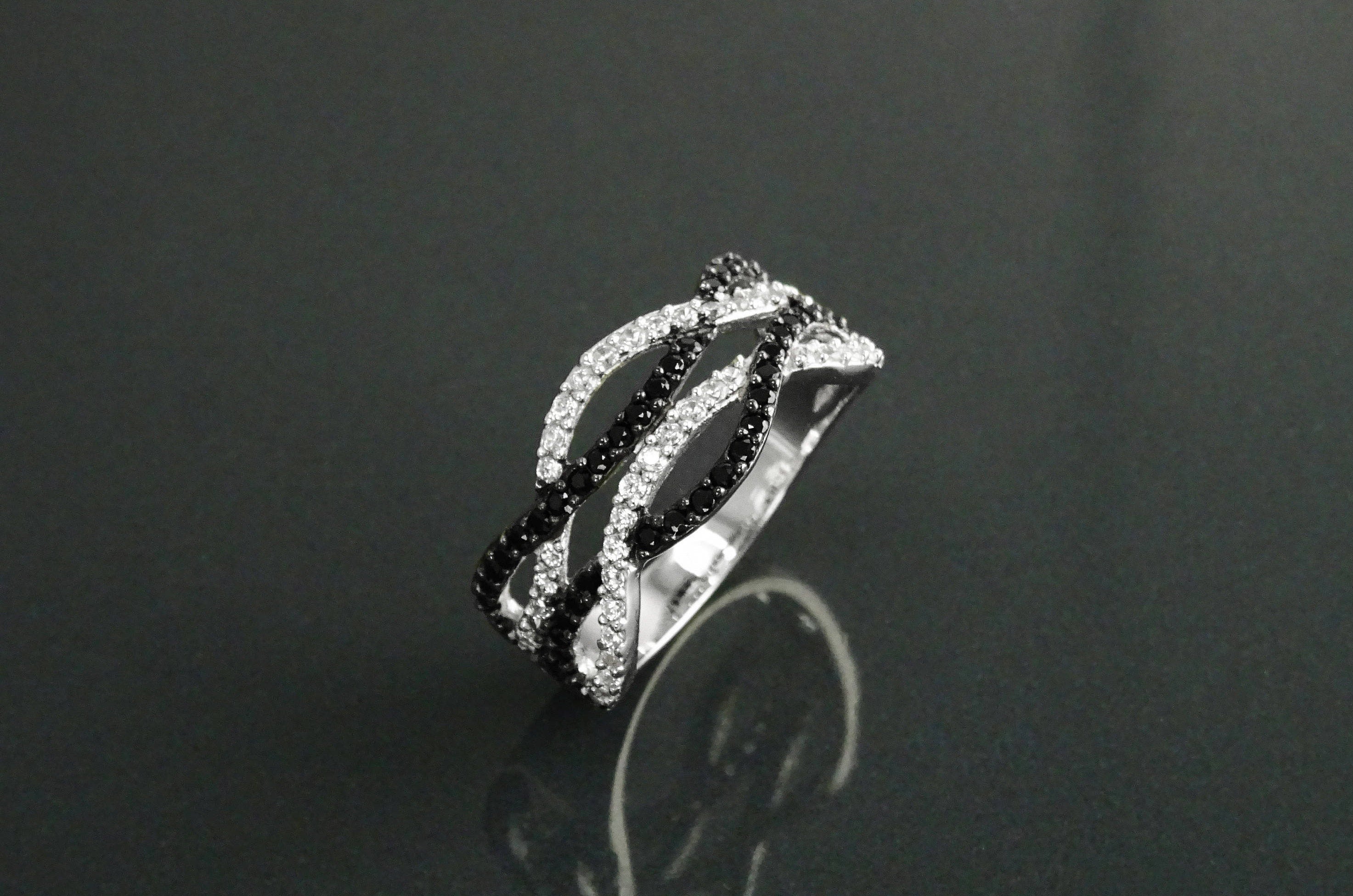 Sterling Silver Intertwined Waves Ring, Black White CZ Stones, Cocktail Ring