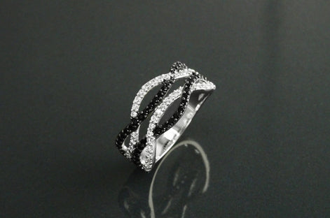 Sterling Silver Intertwined Waves Ring, Black White CZ Stones, Cocktail Ring
