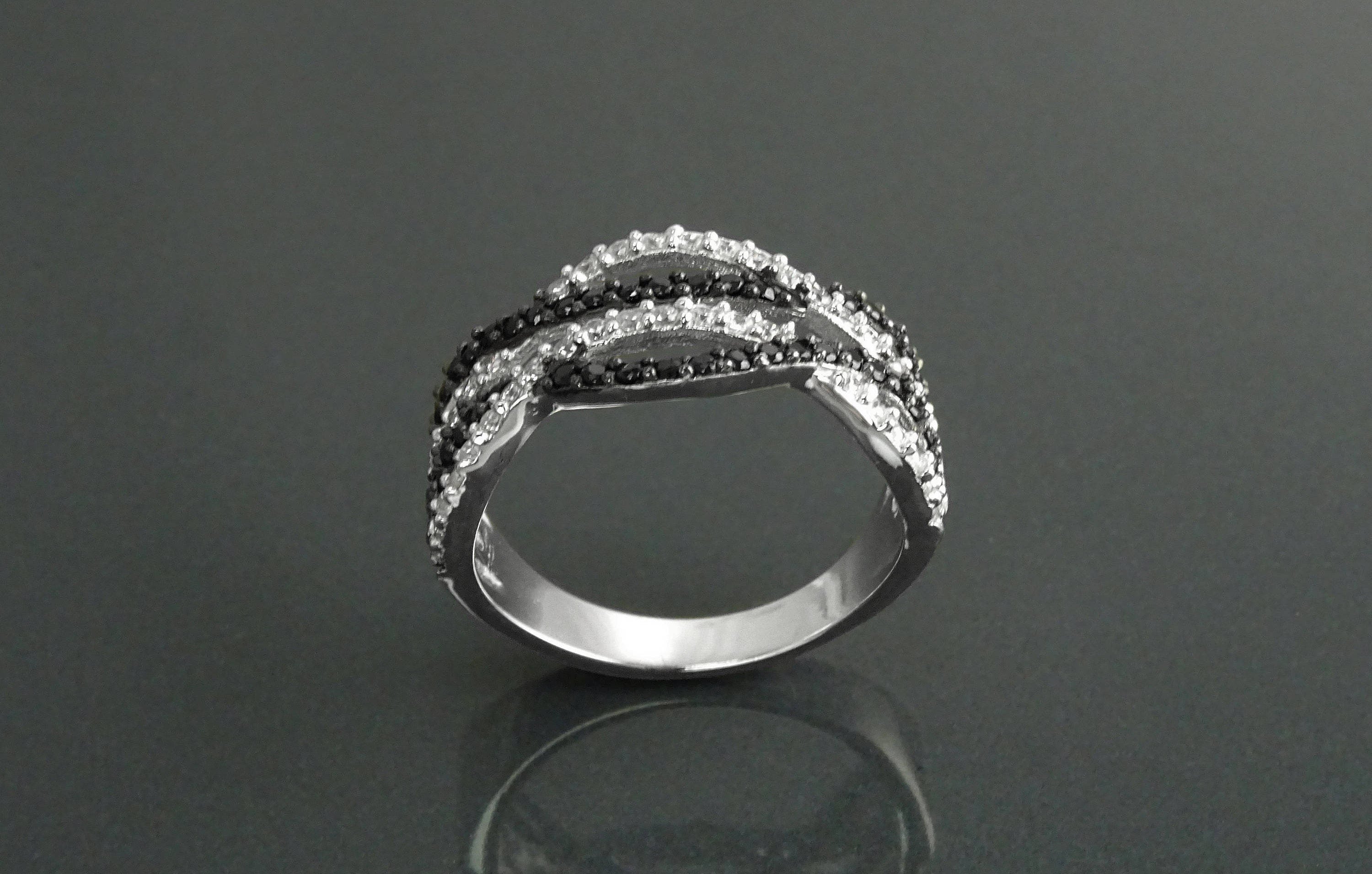 Sterling Silver Intertwined Waves Ring, Black White CZ Stones, Cocktail Ring