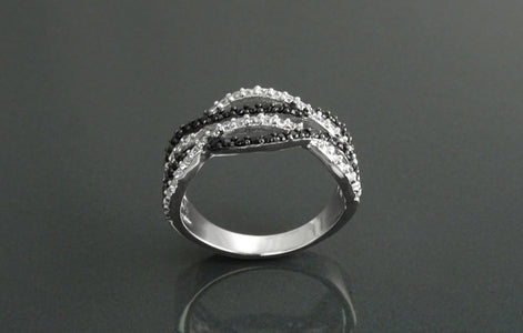 Sterling Silver Intertwined Waves Ring, Black White CZ Stones, Cocktail Ring
