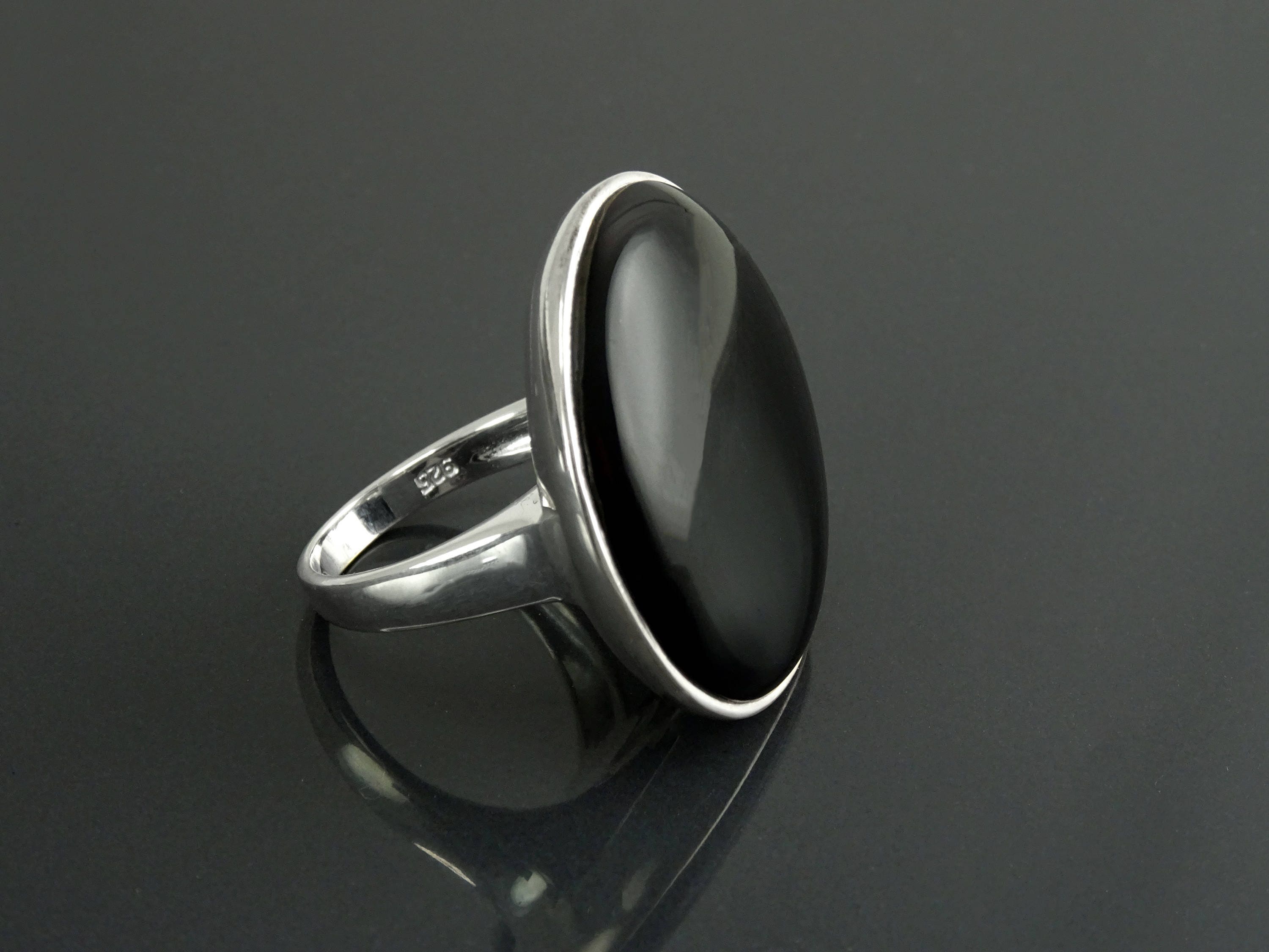 Round Black Ring, Sterling Silver, Statement Onyx Disc Gemstone, Modern Minimalist Jewelry, Rounded Flat Stone Ring, Unique Designer Ring