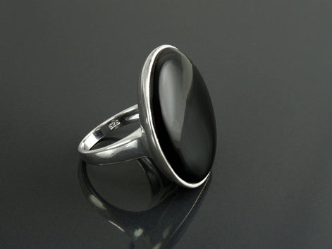 Round Black Ring, Sterling Silver, Statement Onyx Disc Gemstone, Modern Minimalist Jewelry, Rounded Flat Stone Ring, Unique Designer Ring