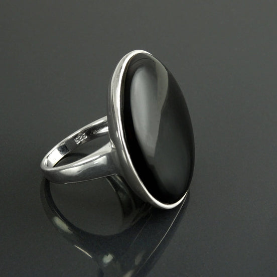 Round Black Ring, Sterling Silver, Statement Onyx Disc Gemstone, Modern Minimalist Jewelry, Rounded Flat Stone Ring, Unique Designer Ring